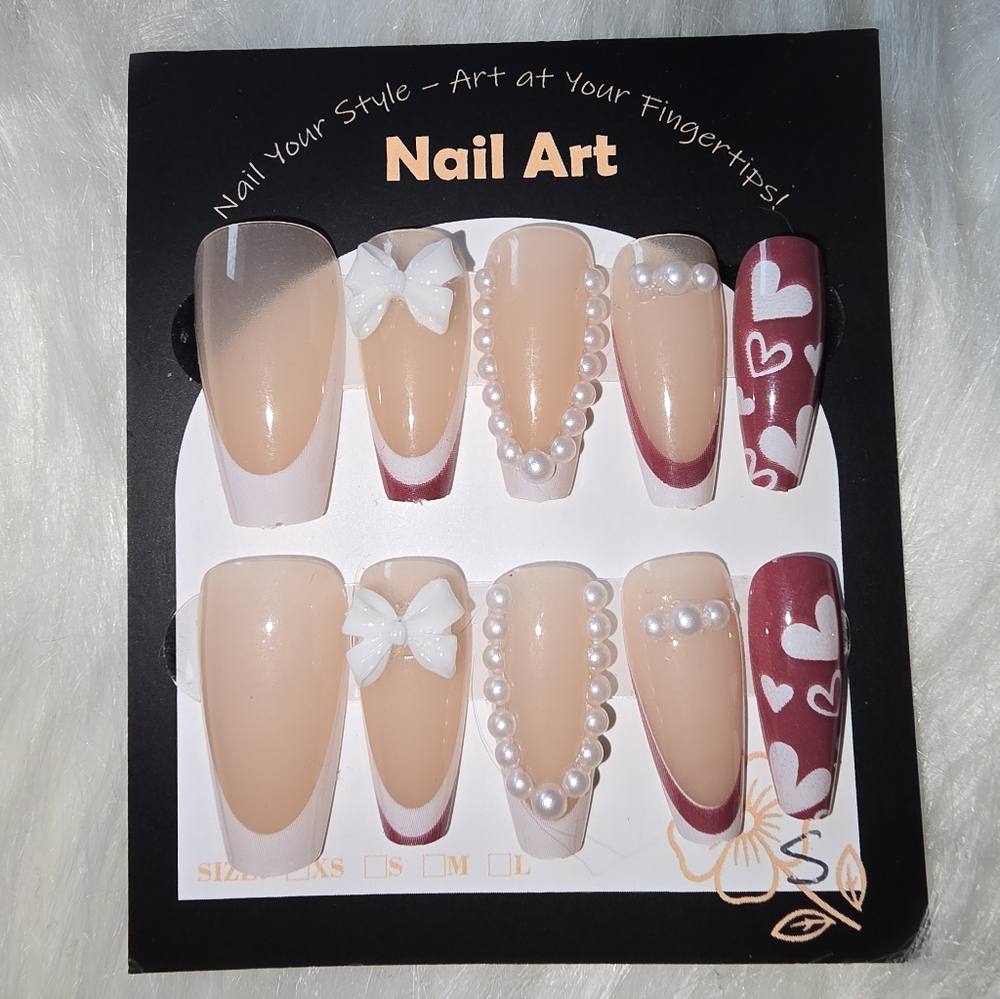 Elegant Handmade Nail Set with Red and White Accents